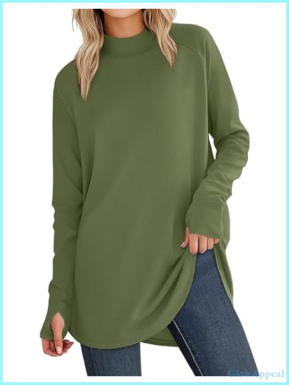 Women's Long Sleeve Mock Neck Tunic Top with Thumb Hole Curved Hem